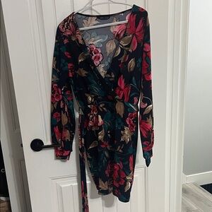 Floral Long Sleeve Dress - Black, Red, Green shein